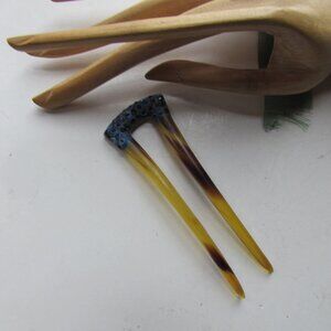 Vintage Hair Comb Faux Tortoiseshell Blue Rhinestones